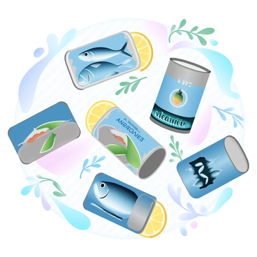 A collection of various tinned fish cans arranged artistically. Each can is uniquely designed, showcasing vibrant labels featuring different types of fish. Some cans are open, revealing their contents such as sardines, anchovies, and mackerel, glistening with oil. Surrounding the cans are garnishes like lemon slices and sprigs of fresh herbs. The background is a textured surface that enhances the visual appeal of the composition.