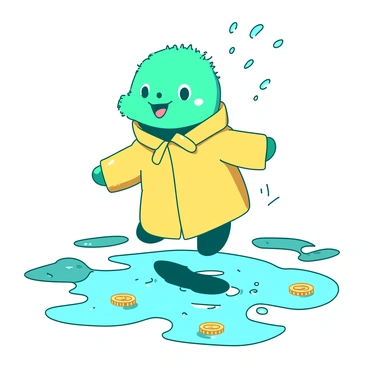 A teal niffler wearing a tiny yellow raincoat is joyfully splashing in puddles on a cobblestone street. The niffler's eyes are bright with excitement as it leaps into a puddle, sending droplets of water flying in the air. Around the niffler, several small puddles reflect the cloudy sky, and the raincoat is slightly shiny from the moisture. The niffler's shiny nose is poking out from under the hood of the raincoat, and small coins are glimmering in the water around it.