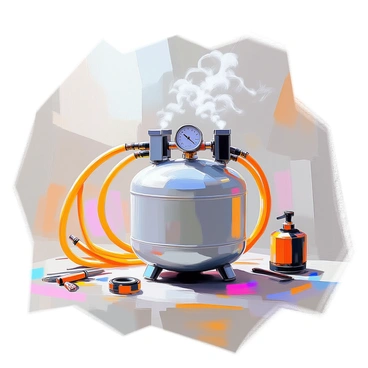 An air compressor is prominently displayed in the center of the image, featuring a robust metal body with various gauges and dials. Connected to the compressor are several bright yellow hoses, each coiling dynamically and showing signs of tension. There are visible puffs of air illustrated as wisps or streams, demonstrating the process of air being compressed into a smaller space. The background includes tools and equipment scattered around, giving a workshop vibe, while the compressor remains the focal point of the composition.