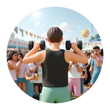 A person, wearing a sleeveless black tank top and bright green shorts, is performing shoulder presses with a pair of dumbbells. The individual has short brown hair and is focused on their workout. Behind them, a vibrant crowd is enjoying an outdoor music festival. People are dancing and clapping, with colorful clothes and accessories visible. Some attendees are holding drinks, while others are taking pictures on their phones. Colorful banners and flags are fluttering in the breeze, adding to the festive atmosphere. The sun is shining brightly, illuminating the scene.