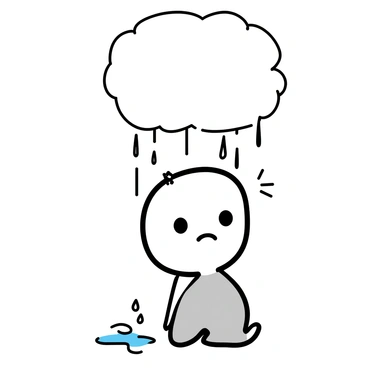 A flat-faced character with a smooth surface, displaying droopy eyes and a prominent frown, is sitting on the ground. Above the character, a large rain cloud looms, from which numerous raindrops are falling in a steady stream, creating a small puddle beside the character. The character's body is simplistic, with minimal details, emphasizing their expression of sadness amidst the rainfall.