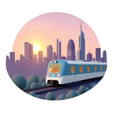 A metro train, featuring a sleek design with metallic blue and silver colors, is speeding along the tracks. The train is seen in the foreground, with its windows reflecting the warm hues of the setting sun. In the background, a vibrant city skyline stands tall, showcasing a mix of modern high-rise buildings with glass facades and unique architectural designs. The sky is painted in shades of orange, pink, and purple, casting a stunning glow over the city. Silhouettes of trees can be seen at the bottom of the image, adding depth to the scene. The overall composition captures the dynamic energy of the city during sunset.