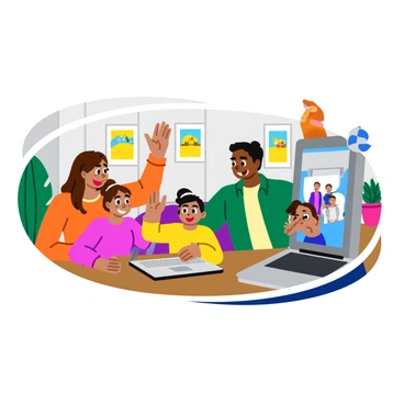 A family of four, consisting of a mother, father, and two children, is gathered around a sleek silver laptop on a wooden table. The mother is sitting on the left, smiling widely, while the father is on the right, raising his hand and waving. The two children, one boy and one girl, are leaning over the laptop, giggling and waving with excitement. The background features a cozy living room decorated with colorful family photos and a large potted plant. The bright screen of the laptop displays smiling faces of relatives on the video call.