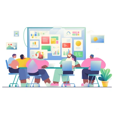 A large projector screen displays a set of colorful presentation slides. The slides feature various charts, graphs, and key points, all arranged in an organized layout. The room is filled with several people seated around a long conference table, attentively looking at the screen. A modern laptop is positioned on the table, connected to the projector. The walls of the meeting room are adorned with abstract art pieces, and there are several potted plants adding a touch of greenery to the environment. The lighting in the room is bright, emphasizing the visuals on the screen.