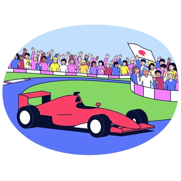 A sleek Formula 1 car in a vibrant red color is racing around a winding track. The car features aerodynamic curves and is captured in motion with blurred wheels. In the background, a crowd of spectators is cheering enthusiastically, with a variety of colorful clothing and raised hands. The scene captures the excitement of the race day, with banners and flags waving in the air. The track is surrounded by green grass and a clear blue sky.