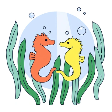Two delicate seahorses, one orange and one yellow, are gracefully navigating through a dense forest of green kelp. The kelp features long, flowing fronds that sway gently in the water. Small bubbles float upward around the seahorses, adding a sense of movement to the scene. The seahorses are positioned near the base of the kelp, with their tails curled around a thick stem. Bright shafts of light filter through the water, illuminating the vibrant colors of the underwater environment.