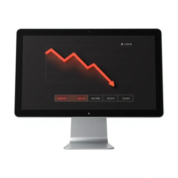 A computer screen displaying a downward sloping graph. The graph features a red line that descends from the upper left corner to the lower right corner, symbolizing economic recession. The background of the screen is dark, providing contrast to the bright white gridlines and labels on the graph. Below the graph, there is a digital panel showing various economic indicators, with numbers in red to indicate negative trends. A sleek, modern computer monitor stand supports the screen, adding to the professional appearance of the setup.