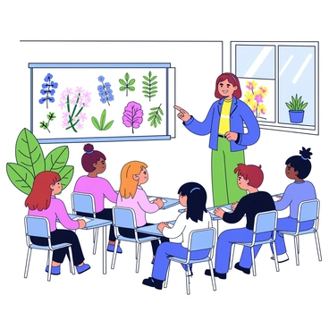 A teacher is standing in front of a group of students in a classroom setting. The teacher is pointing towards a large illustration of various fynbos plants displayed on the wall. The students, seated at small desks, are attentively looking at the illustration. Each student has a notebook open in front of them, ready to take notes. Sunlight is streaming through the classroom windows, illuminating the colorful fynbos plants depicted in the illustration. The classroom is decorated with green plants and educational posters related to nature.