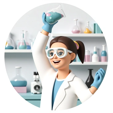 A female scientist, wearing a white lab coat, safety goggles, and blue gloves, stands in a laboratory filled with various scientific equipment. She has shoulder-length brown hair tied back in a ponytail. With a bright smile on her face, she lifts a glass beaker filled with a colorful, bubbling liquid high above her head. The beaker has labels and markings on its side, and beads of condensation can be seen on the outside. The laboratory backdrop includes shelves with books, glassware, and a microscope, creating an atmosphere of scientific discovery.