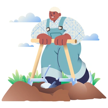 A farmer with medium skin is using a traditional wooden plow to till the soil in a field. He is dressed in a plaid shirt and worn denim overalls, demonstrating a focused expression as he exerts force on the plow. The plow is equipped with metal blades that are digging into the rich brown soil, which is being turned over, revealing lighter earth underneath. The farmer’s hands grip the plow handles firmly, and his body is slightly bent forward from the effort. Surrounding the field are green crops that show signs of growth, and there is a bright blue sky overhead dotted with a few fluffy white clouds.