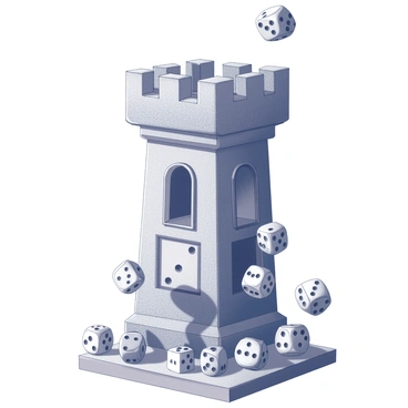 A medieval-style dice tower made of stone and wood, featuring intricate carvings and a tall, arched structure. The tower has several openings at the top from which dice spill out. Multiple dice are seen cascading down the sides of the tower, displaying various shapes and sizes. Each die is characterized by different patterns and markings, creating a dynamic flow as they tumble. The setting includes a wooden table beneath the tower, where some of the dice land, adding to the scene's detailed composition.