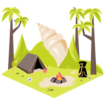 An explorer's campsite nestled among lush greenery, with a giant conch shell positioned prominently in the center as a focal point. The campsite features a small tent made of dark green fabric, with a campfire surrounded by smooth stones. There are scattered camping gear items, including a backpack and a map. Tall trees with thick trunks and broad leaves frame the scene, while a few colorful birds can be seen perched on the branches. The giant conch shell, intricately detailed, sits atop a patch of soft grass, gleaming in the sunlight.