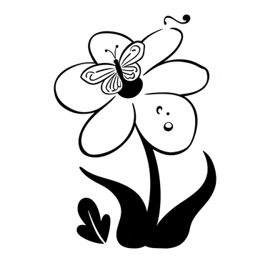 A butterfly with intricate wing patterns perched on a large flower with wide, open petals. The butterfly is positioned in the center of the flower, with its wings slightly spread, creating an elegant silhouette. Droplets of nectar are visible on the flower's petals, glistening in the light. The flower's stem curves gracefully, and surrounding leaves are depicted in various shapes and sizes, enhancing the scene's natural beauty.