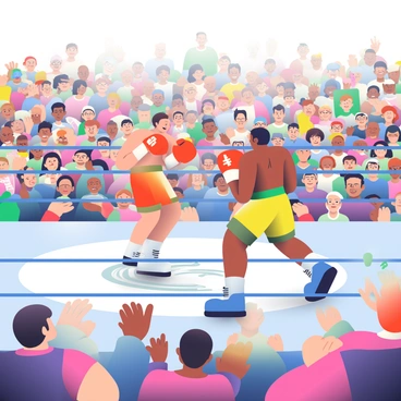 A packed arena filled with enthusiastic fans cheering during a boxing match