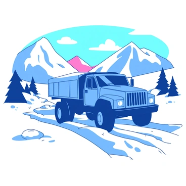 A blue rugged truck is driving through a vast snowy Arctic landscape. The truck's wheels are partially buried in thick, white snow, kicking up powder as it moves forward. In the background, there are towering icy mountains with a slight pink hue at their peaks, reflecting the low winter sun. The sky is clear with few fluffy white clouds scattered above. A few small evergreen trees are dotted around the frozen terrain, adding contrast to the scene. The truck's headlights are on, illuminating the snowy path ahead.