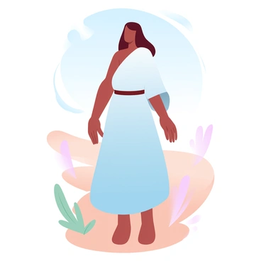 A figure is standing in a desert landscape, wearing a garment made of camel's hair. The garment is long and loose-fitting, draping over the figure's body. Around the waist, there is a simple leather belt holding the garment in place. The figure has long hair flowing down, blending with the natural surroundings. In the background, there are sparse desert plants and a clear blue sky above.