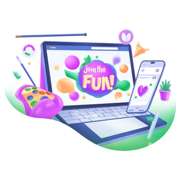 A computer screen displaying a vibrant social media post. The screen is filled with engaging graphics, including colorful icons, playful illustrations, and eye-catching text. The text on the screen reads "Join the Fun!" in bold, cheerful letters. Surrounding the screen are design tools such as a color palette, a drawing tablet, and a smartphone showing the post preview. A workspace is visible in the background with art supplies and a potted plant.