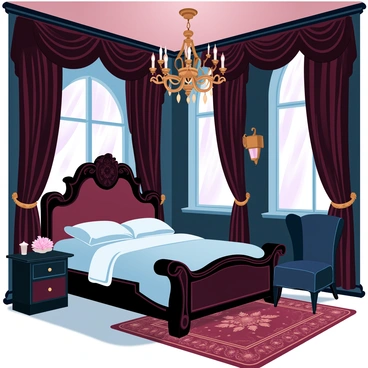 A chambre with dark, rich colors dominates the atmosphere, creating a dramatic setting. The walls are adorned with deep burgundy and navy hues. Luxurious velvet drapery hangs from tall windows, cascading down in elegant folds. The gothic furniture features ornate carvings with intricate details, including a dark wood bed frame and a lavish armchair with a high backrest. A richly patterned rug lies on the floor, complementing the overall opulence of the room. Soft, diffused light emanates from a vintage chandelier hanging from the ceiling, illuminating the space with a warm glow.