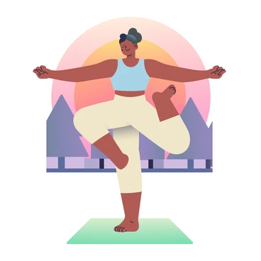 A yogi with dark skin is holding a challenging pose, standing on one leg with the other leg raised and bent at the knee. The yogi's arms are extended outward, demonstrating balance and strength. They are wearing a fitted, light blue tank top and beige yoga pants. The background features a vibrant sunset with shades of orange, pink, and purple blending in the sky. Silhouetted trees frame the scene, and the ground is covered with a soft green grass. The yogi's face reflects a serene focus as they concentrate on their pose.