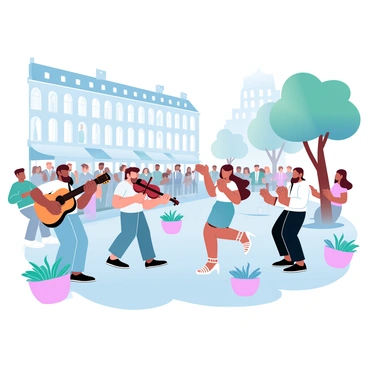 A group of street musicians is playing lively music in a bustling Parisian square. The musicians include a man with a guitar, a woman with a violin, and another person playing a tambourine. They are surrounded by a diverse audience of people clapping and swaying to the rhythm. Colorful flower pots and small café tables with chairs are visible around them. In the background, historic buildings with intricate architecture create a vibrant atmosphere. A few trees are providing shade in the square, adding to the lively scene.