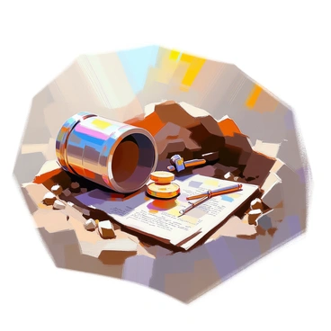 A time capsule is partially unearthed from the ground, surrounded by loose soil and small rocks. The capsule is metallic with signs of rust and wear, indicating its age. Inside, scattered documents and ancient law artifacts can be seen. The documents are yellowed with age, featuring faded handwriting and official seals, while the artifacts include a small gavel, a scroll, and an old compass. Sunlight filters through the trees, illuminating the scene softly, creating an atmosphere of historical discovery.