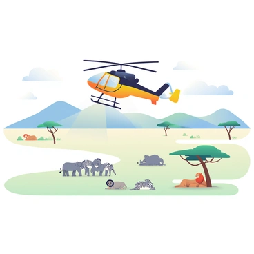 A helicopter with a bright yellow and black paint scheme is descending towards an expansive open savanna. The blades of the helicopter are spinning rapidly. Below, a group of various animals is scattered across the grassy landscape. There is a family of elephants, several zebras with distinct black and white stripes, and a pride of lions lounging in the shade of a sparse tree. In the background, there are rolling hills with patches of acacia trees under a clear blue sky. The scene captures the vibrant life of the savanna as the helicopter approaches the ground.