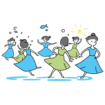 A group of dancers in flowing blue and green costumes, gracefully moving underwater. Each dancer mimics the fluid movements of blue fish, with their arms extended and bodies arched. Bubbles rise around them, adding to the sense of movement. Sunlight filters through the water, creating rippling patterns on the sandy ocean floor. The dancers are arranged in a circular formation, enhancing the sense of harmony and fluidity in the scene.
