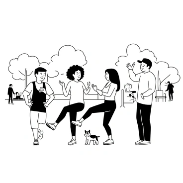 A diverse group of friends is standing in a bustling urban park, engaging in calf raises together. There are four friends: a man with short hair wearing a tank top and shorts, a woman with curly hair in a t-shirt and leggings, another woman with long straight hair in a sports bra and capris, and a man with a baseball cap in a long-sleeved shirt and joggers. They are all smiling and looking at each other, encouraging one another as they perform the exercise. In the background, there are trees and park benches, with a few people walking and enjoying the park’s atmosphere. A small dog is playing nearby.