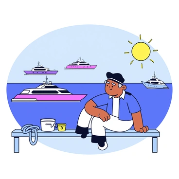 A sailor sitting on a wooden dock. The sailor has a weathered face and is wearing a simple blue shirt and white pants. He has a black cap resting on his head and is leaning back on one hand. In the foreground, there are a few fishing ropes and a small bucket beside him. In the background, several luxury yachts with sleek designs and bright colors are sailing by in the calm waters of the harbor. The sun is shining brightly, illuminating the scene. The expression on the sailor's face shows envy as he watches the yachts glide effortlessly.