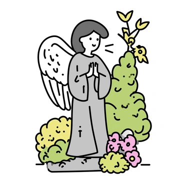 A stone angel statue with detailed, feathered wings stands in a lush green park. The statue features a serene expression on its face, with a flowing robe that drapes elegantly down to the base. Surrounding the statue are vibrant flowers and well-maintained bushes, providing a colorful contrast to the gray stone. The sunlight filters through the leaves of nearby trees, casting soft shadows on the ground.