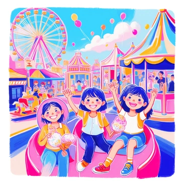 A group of children is waving "Hi!" with big smiles on their faces while enjoying various rides at a colorful carnival. The scene includes a bright Ferris wheel with multicolored lights, a carousel adorned with painted horses, and small roller coasters that twist and turn. Balloons in vibrant colors float above the crowd. The children are dressed in fun, casual summer clothes, each holding sugary treats like cotton candy or popcorn. Surrounding them are colorful stalls selling games and prizes.