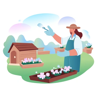 A gardening coach is demonstrating planting techniques in a sunny backyard. The coach is wearing a wide-brimmed hat and gardening gloves, holding a trowel in one hand while showing a small plant in the other. In the background, there are several colorful flower beds filled with blooming flowers. A wooden garden shed is visible to the side, and the grass is lush and green. The sky is clear with soft gradient pastel colors, creating a warm atmosphere.