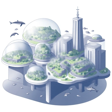 A sprawling underwater city filled with transparent domes. The domes are interconnected by curved corridors, allowing inhabitants to move freely between them. Schools of fish swim gracefully around the structures, creating a lively atmosphere. Tall buildings with sleek lines rise within each dome, showcasing green spaces and vegetation thriving in the aquatic environment. Soft light filters through the surface of the water, casting gentle shadows inside the domes. In the background, larger marine creatures, such as whales and dolphins, can be seen swimming by, adding to the dynamic scene.