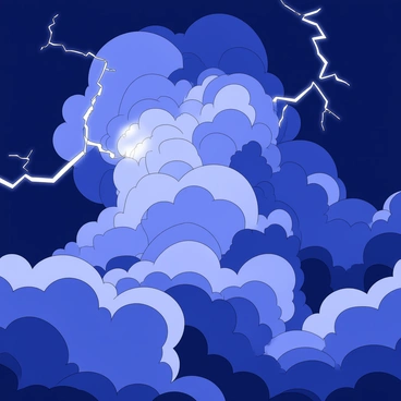 A sky is filled with dark, swirling storm clouds. The clouds are dense and appear to be churning, creating a sense of movement. Flashes of lightning illuminate the scene, striking down intermittently from the clouds. The atmosphere is charged, with a stark contrast between the bright flashes and the deep shadows of the clouds. The overall composition emphasizes the dynamic nature of the stormy sky.
