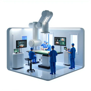 A futuristic operating room featuring advanced medical technology. In the center, a robotic arm is positioned over a surgical table, equipped with precision instruments. The arm has a sleek metallic design with articulated joints and glowing indicators. Surrounding the arm, various monitors display patient data and surgical visuals. The room is illuminated with bright, sterile lighting, and walls are lined with high-tech medical equipment. A surgical team, dressed in blue scrubs and masks, is focused on the operation, demonstrating a collaborative effort between human expertise and robotic assistance.