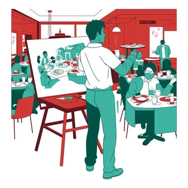 A teal live illustrator is standing at an easel in the center of a busy restaurant, sketching the scene with focused concentration. Around the illustrator, there are tables filled with diners enjoying their meals, with visible plates of food and glasses of drinks in front of them. The restaurant is decorated with vibrant red accents, and there are waitstaff moving between the tables, carrying trays loaded with dishes. The atmosphere is lively, with people chatting and laughter echoing throughout the space, while the illustrator captures the dynamic energy on the canvas.