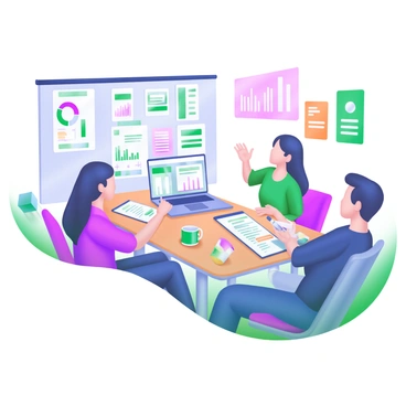A modern pastel illustration depicting a group of four employees sitting around a rectangular conference table. One employee is presenting financial reports displayed on a laptop, while another is taking notes on a notepad. The third employee is analyzing a printed payroll document, and the fourth is engaged in discussion, gesturing with their hands. There are various financial charts and graphs visible on the table, along with coffee mugs and pens scattered around. The walls are adorned with motivational posters emphasizing teamwork and productivity.