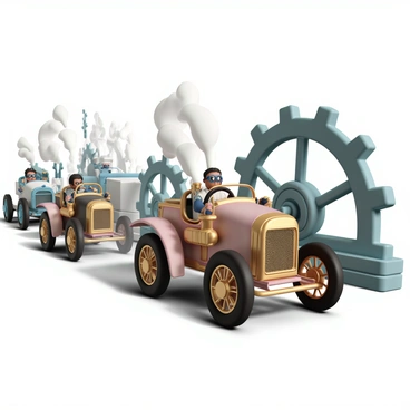 A collection of steampunk-style cars, featuring intricate brass and copper details, racing at high speed on a track made of interlocking gears. Each car has unique designs, with visible steam exhausts and large, spoked wheels. The track is surrounded by towering gears, some rotating slowly while others spin rapidly. The atmosphere is filled with wisps of steam rising from vents, and in the background, there are mechanical structures that enhance the industrial feel of the scene. The drivers inside the cars are wearing goggles and leather gloves, focused intently on the race.