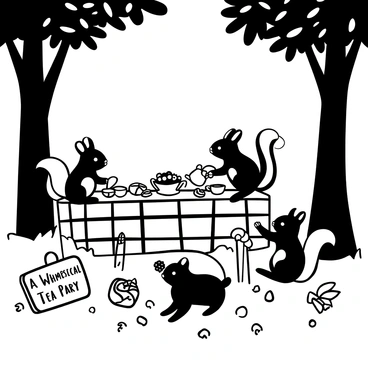 A tiny wooden table set in a clearing among tall trees, covered with a checkered tablecloth. There are delicate teacups and a teapot on the table, surrounded by a variety of pastries. Several rabbits with fluffy tails are sitting on one side of the table, while a few squirrels with bushy tails are on the other side. Some of the squirrels are reaching for treats, while others are pouring tea into the cups. Sunlight filters through the leaves, casting intricate shadows on the ground around them. "A Whimsical Tea Party" is engraved on a small sign placed next to the table.