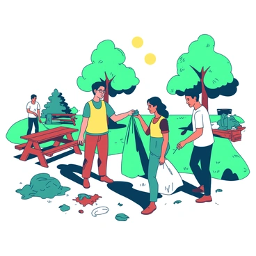 A group of volunteers of different backgrounds is actively picking up litter in a park. One volunteer, wearing a bright yellow vest, is bending down to pick up a piece of trash, while another volunteer, dressed in teal, is holding a large trash bag open. Nearby, a volunteer in red is collecting litter near a picnic area, and another in white is picking up items from the grass. Trees are visible in the background, and a few park benches can be seen scattered around. The sun is shining, illuminating the park environment as the volunteers work together.