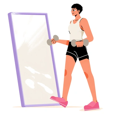 A person standing in front of a large rectangular mirror is performing calf raises while holding a pair of dumbbells in their hands. The individual has a determined expression, focusing on their reflection. They are dressed in athletic wear consisting of a fitted tank top and shorts. The dumbbells are metallic gray, and the floor is a polished wooden surface, reflecting the light. The background includes a bright, well-lit gym environment, with exercise equipment faintly visible in the distance.