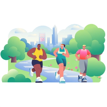 A group of joggers is running along a winding path surrounded by lush greenery. The joggers are of diverse appearances, including an individual with dark skin wearing a bright yellow tank top and black shorts, a woman with light skin in a teal sports outfit, and a man with medium skin in a red shirt and gray joggers. In the distance, "Landmark 81" is clearly visible, towering majestically against the sky. The sky is partially cloudy, with soft sunlight illuminating the scene. The path is lined with trees and blooming flowers, adding vibrant colors to the environment.