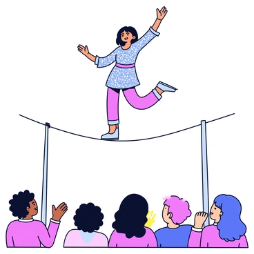 A performer is gracefully walking on a tightrope high above the ground. The performer is wearing a sparkling costume adorned with sequins that reflect light, creating a dazzling effect. The costume features a fitted bodice and flowing sleeves, enhancing the performer's movements. Below, there is a vibrant crowd watching in awe, with some individuals clapping and others gazing upward. The tightrope is stretched between two poles, and the scene captures a sense of excitement and balance in the air.
