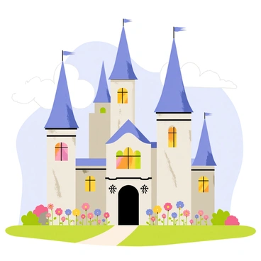 A detailed view of a fairy tale castle with tall spires and intricate stone carvings
