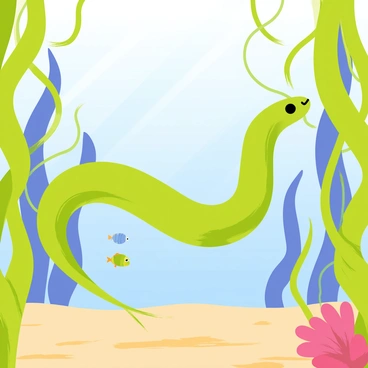 An eel with a smooth, elongated body gliding gracefully through a vibrant underwater scene. The eel is a deep green color with subtle hints of blue along its sides. Surrounding the eel are thick, swaying strands of kelp, their long, flowing forms creating a lush forest effect. Sunlight filters through the water, casting dappled patterns on the sandy ocean floor below. Small fish dart between the kelp fronds, adding movement and life to the scene.