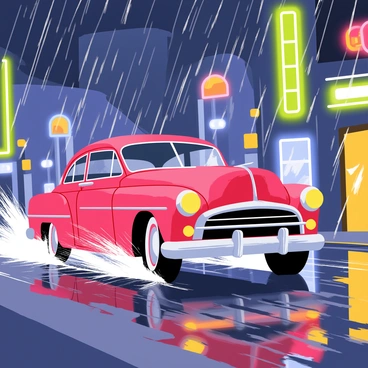A vintage car in bright red plows through a wet road, leaving an elegant trail of water splashes behind. The surface of the road is slick and reflective, mirroring the colorful city lights above it. The scene is bathed in a shimmering glow from the nearby buildings, which display vibrant neon signs in shades of blue, green, and yellow. Raindrops fall from the sky, creating small ripples in puddles along the roadside. The vintage car has chrome detailing, and its headlights cast a warm yellow beam into the rainy night, enhancing the atmosphere of the bustling city.