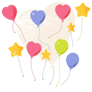 A collage of gas balloons in various shapes and colors is displayed. The balloons include round, heart-shaped, and star-shaped designs, showcasing vibrant colors such as red, blue, yellow, and green. They are scattered across a textured background that resembles a soft, pastel canvas, adding depth to the image. Some balloons are tied to strings that dangle down, while others appear to float freely, creating a playful and lively scene.