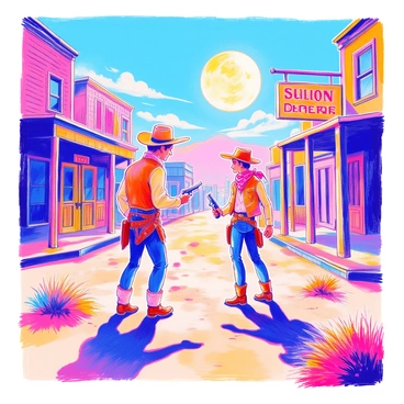 Cowboys facing off in a dusty western town at high noon in a comic book style