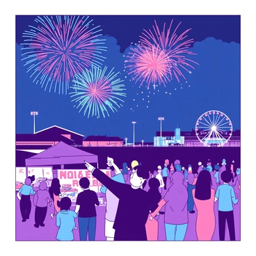 A vibrant scene at Navy Pier during the evening, with a crowd of people enjoying the festivities. The sky is filled with colorful customized fireworks bursting in a variety of shapes and patterns. The pier is lined with bright lights and banners, and the silhouettes of ferris wheels and amusement rides are visible against the backdrop of the lit sky. People are pointing and looking up in awe at the fireworks display, creating an atmosphere of excitement and joy. A few vendors are selling snacks to the crowd, adding to the lively atmosphere of the pier.