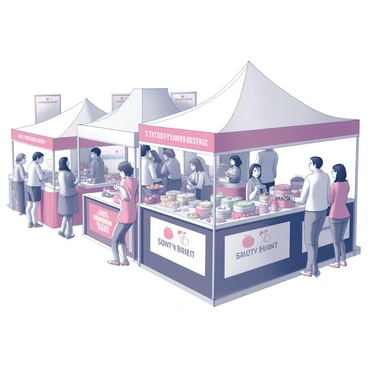 A lively festival scene featuring numerous booths. Each booth is adorned with "strawberry" themed decorations, including banners and tablecloths. People are gathered around, engaging with vendors. One booth displays an array of "strawberry desserts," such as pies, cakes, and ice cream. Another booth offers "strawberry" plants for sale. The atmosphere is bustling with activity, as families and friends enjoy the festivities. Brightly designed signs direct attendees to different areas of the festival.